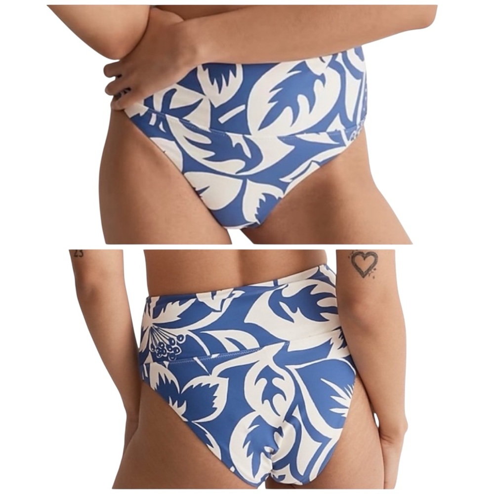 Madewell Second Wave Blue White Floral High Cheeky Bikini Bottom Swim Small NWT